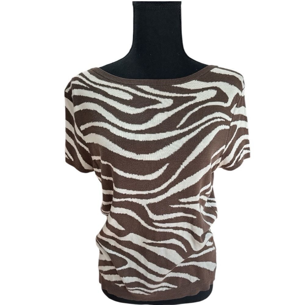 Talbots 100% Silk brown and beige Zebra Print short sleeve lightweight sweater.